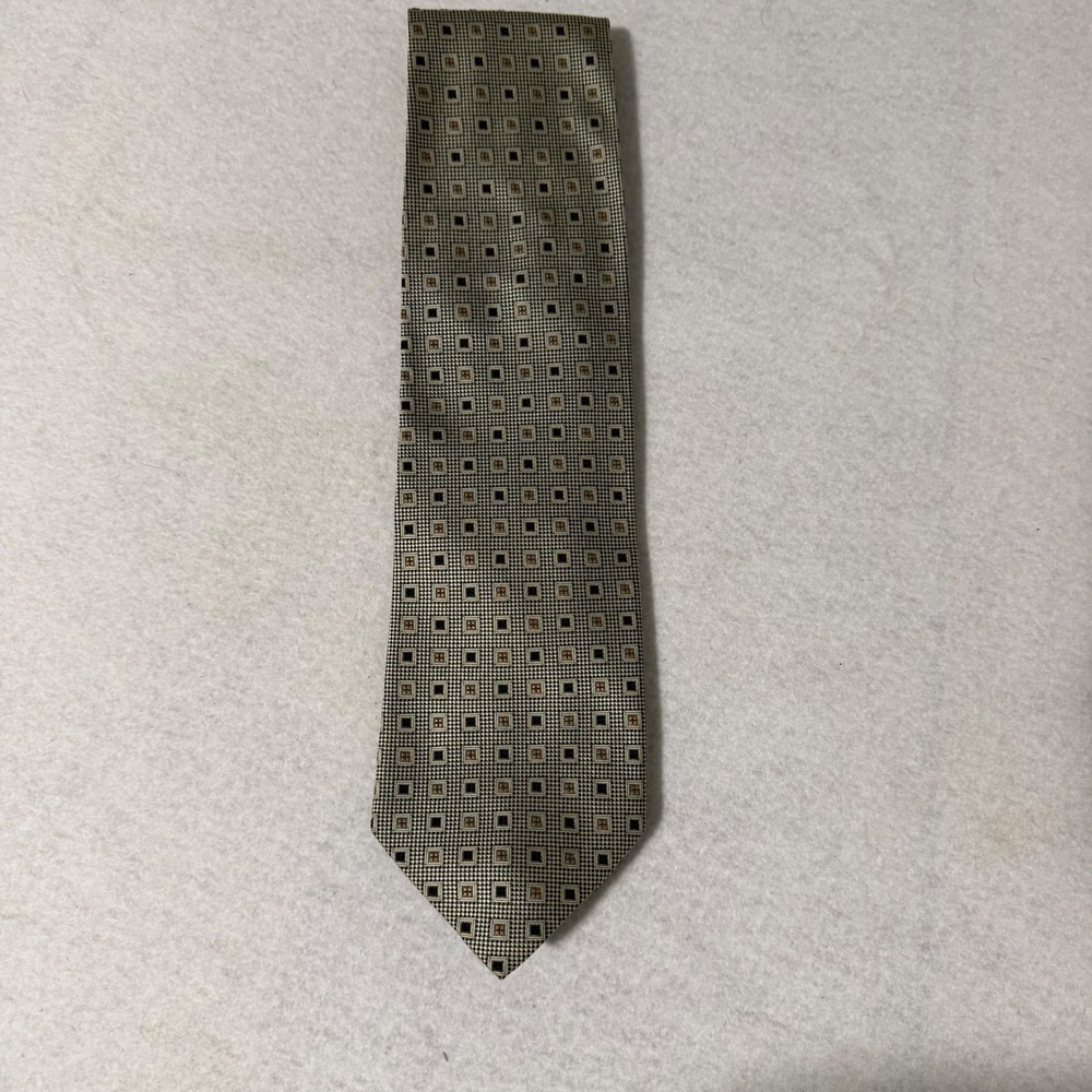 Valerio Garati Mens Silk Tie Gold Black Geometric Square Pattern Handmade Korea